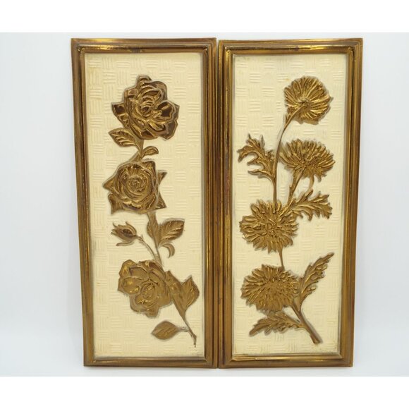 Pair of Vintage 1960's Elpec England Embossed Gold Floral Wall Plaques - Picture 1 of 11